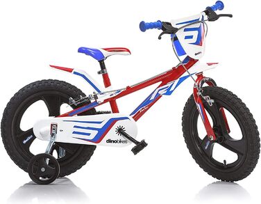 Дитячий велосипед Dino Bikes 14 дюймів для хлопчиків з ручними гальмами, допоміжними колесами, червоно-синьо-білий