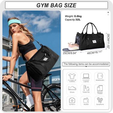 Спортивна сумка HYC00 для жінок та чоловіків, дорожня/гімнастична/йога сумка з відділенням для мокрого одягу та взуття, чорна