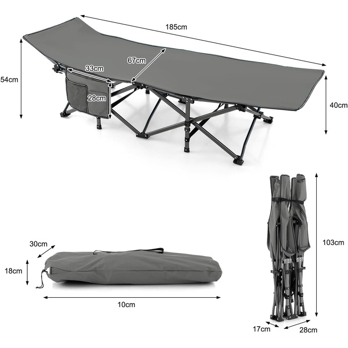 Розкладне ліжко SOARS для кемпінгу та відпочинку: стабільне металеве ліжко з кишенею та сумкою, до 272 кг, для відпочинку на природі та вдома, зелений (сірий)