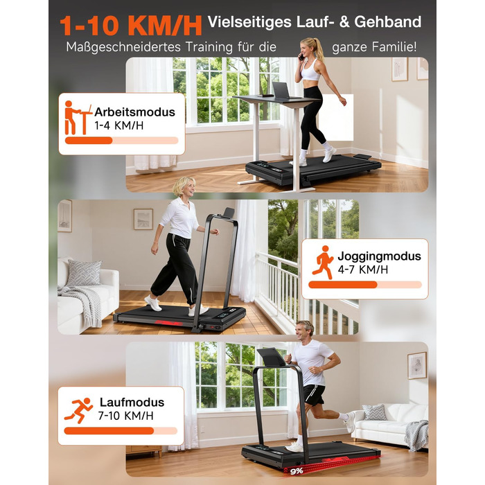Складане бігове доріжки 4-в-1 з ручним нахилом 9%, тихий електричний біговий тренажер до 10 км/год, безщітковий двигун 3.0 PS, амортизація, LED-дисплей, компактний, для дому та офісу