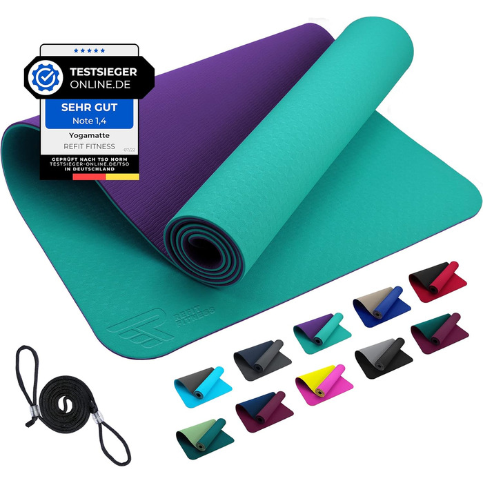 Килимок для йоги GeckoGrip Perfect-Fit 190x60x0.6 см TPE Sensi-Plus: Нековзний, екологічний, з ременем - для гімнастики та спорту (бірюзовий/ліловий)