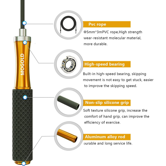 Стрибкове канат для чоловіків, жінок, дітей – з подвійним кульковим підшипником, 360-градусним обертанням, металевою ручкою, силіконовим покриттям, регульований, 3 м, для фітнесу, схуднення (срібний)