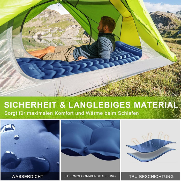 Каремат туристичний самонадувний Cunbayi з інтегрованими подушками та насосом. Підходить для кемпінгу, походів, пляжу та подорожей. Синій колір.