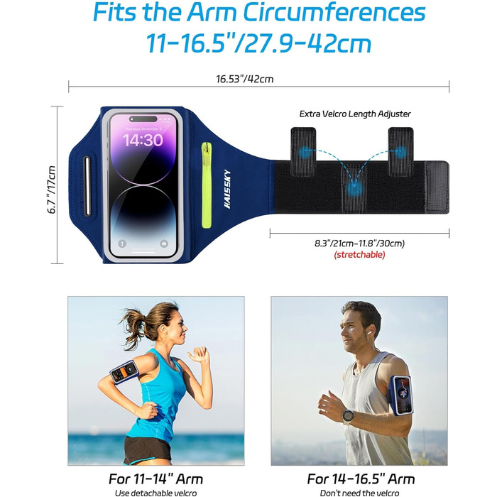 Спортивна сумка для телефону на руку Razobws з відділенням для навушників, підходить для iPhone 17 16 15 14 13 12 11 Pro Max, Galaxy S24 S23 Ultra, чорний/морський блакитний (до 6.8 дюймів)