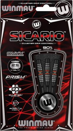 Дротики WINMAU Sicario 25 г, професійні, вольфрамові, з металевим вістрям, набір з оперенням і хвостовиками