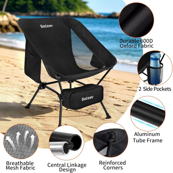Зручний складаний стул для кемпінгу BeLeEv з 2 кишенями, легкий та компактний, для відпочинку на природі, риболовлі, фестивалів, трекінгу та пляжу