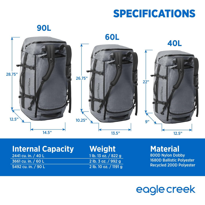 Дорожня сумка Eagle Creek Cargo Hauler 90L, водостійка, зносостійка, з переробленого поліестеру, нова версія, 90 літрів, колір Charcoal, 37x73x32 см