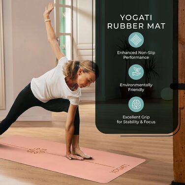 Протиковзкий килимок для йоги та фітнесу YOGATI з натурального каучуку, великий килимок для пілатесу та тренувань з розміткою та сумкою, коричневий