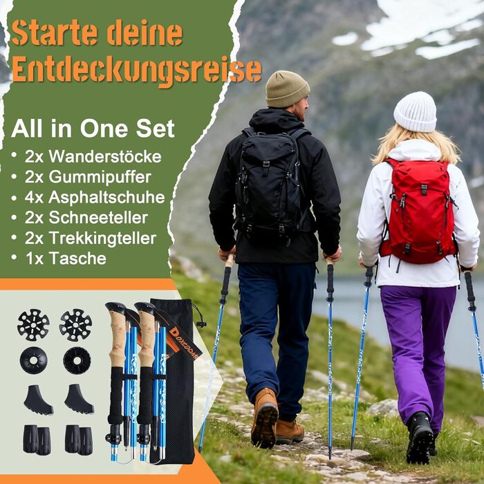 Телескопічні палиці для скандинавської ходьби та трекінгу (2 шт.), складані, 110-130 см, алюмінієві, з гумовими наконечниками та сумкою (Синій)