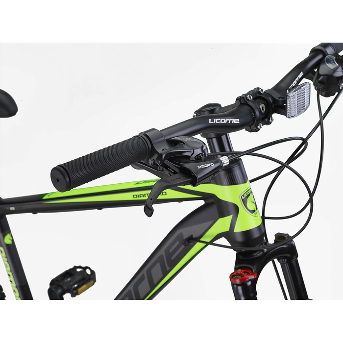 Гірський велосипед Licorne Bike Diamond Premium 27.5'' алюмінієвий, 21 швидкість, дискові гальма, регульована вилка, чорний-лайм, для хлопців, дівчат, чоловіків і жінок