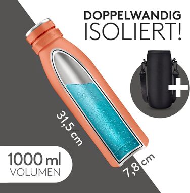 Фляга з нержавіючої сталі Koralle - ізотермічна, 1000 мл, BPA-free, для газованої води, можна мити в посудомийній машині