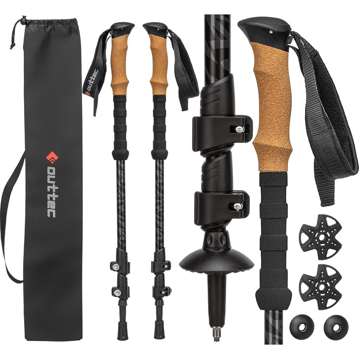 Телескопічні трекінгові палиці для скандинавської ходьби та гірських походів, ультралегкі палиці для Nordic Walking з гумовими наконечниками, регульовані (65-135 см), чорні