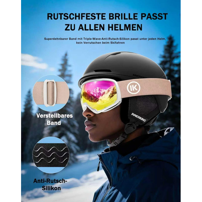 Окуляри гірськолижні Innerking OTG, Anti-Fog & UV400, для корекції зору з подвійним склом, чоловічі/жіночі/підліткові, для катання на лижах та сноуборді A1 – Чорний/Срібний (VLT 11 %) (A3 – Білий/Рожевий (VLT 46 %))