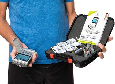 TENS EMS комбінований пристрій STIM-PRO X9+ з 8 електродних подушок 5x5 см для болісної терапії, масажу та м'язового стимулювання. Сертифікований медичний прилад axion®