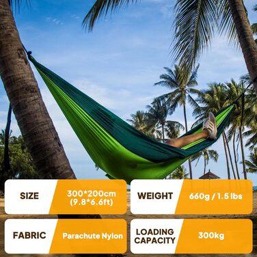 Намет-гамак NATUREFUN для кемпінгу та подорожей | 300 кг, 300x200 см | Атмосвітка, швидковисихаючий нейлон, 2 карабіни, 2 шнури | Зелений, темно-зелений