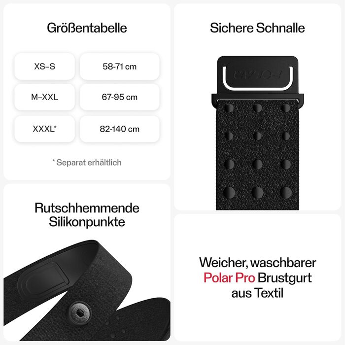 Пульсометр Polar H10 з ANT+ та Bluetooth, EKG-точність, вимірювання HRV, водонепроникний, знімний ремінець, комфортна посадка, акумулятор, сумісний з багатьма видами спорту та фітнес-тренажерами, чорний, розмір M-XXL