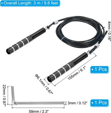Стрибкове канат PATIKIL для фітнесу з підшипниками, алюмінієва ручка та ключ, для аеробіки (чорний)