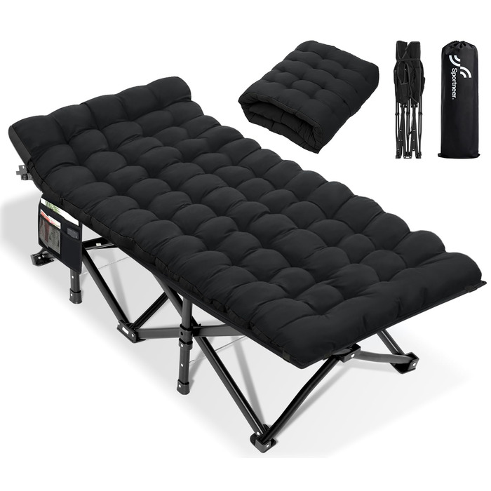 Розкладне ліжко Sportneer для кемпінгу та відпочинку: 200x81x47 см, чорне, з матрацом та сумкою для зберігання