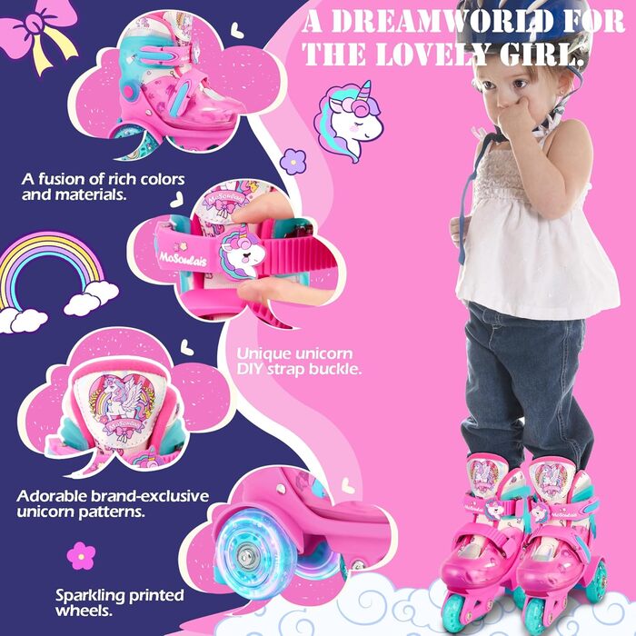 Дитячі ролики Kinder Einhorn для дівчаток та хлопчиків, з підсвічуванням, регульовані, 4 розміри, для початківців, подарунок