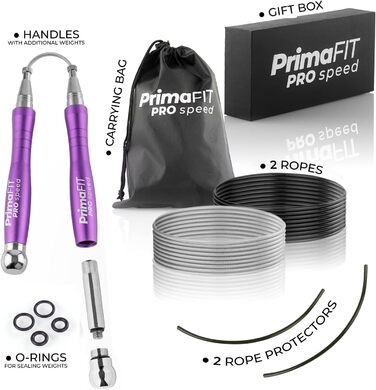 Скакалка PrimaFIT для дорослих, фітнес, професійна, 3м, регульована з обважнювачами, 2 підшипники, антиковзні ручки, для боксу, MMA, кросфіту, сталевий трос, чохол, фіолетова