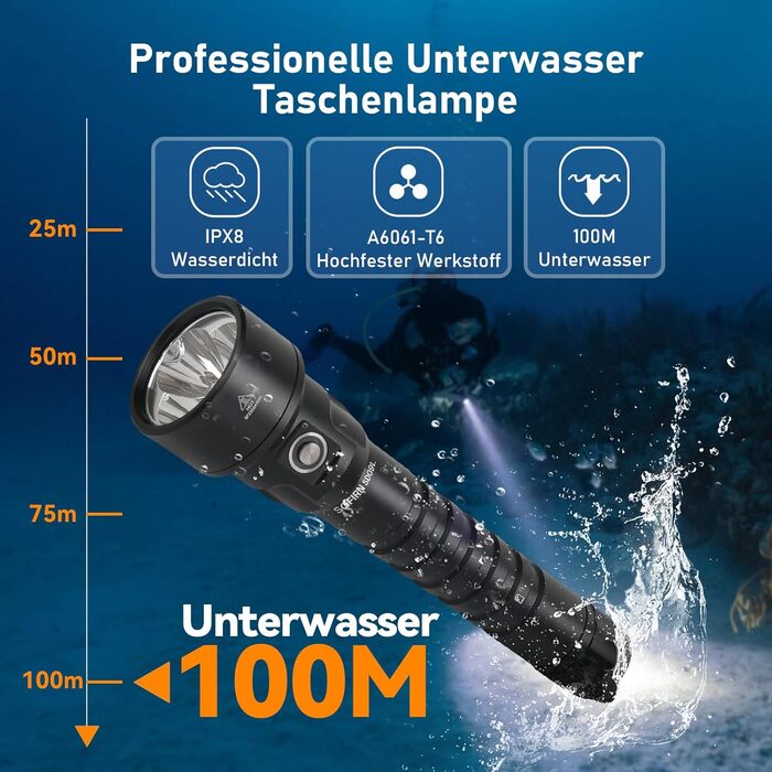 Ліхтарик підводний Sofirn SD09L 6800 люмен, LED, до 100м, з акумуляторами