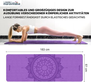 Килимок для гімнастики та йоги з неслизьким покриттям, з сумкою та E-book, 183x61 см, Мандала, фіолетовий + чорний