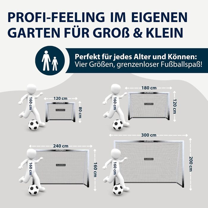 Ворота для футболу HUDORA Pro Tect Advanced – зовнішні, з сіткою та захисною оболонкою для дітей та дорослих. Легкий монтаж, білі, 240 x 160 см