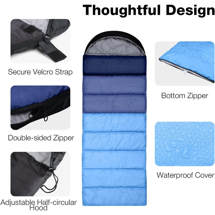 Спальний мішок Outplea для кемпінгу, 3-4 сезони, водонепроникний, 220x80 см, для дорослих та дітей, блакитний