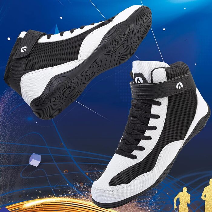 Черевики для боротьби чоловічі, антиковзаючі, дихаючі. Підходять для боротьби, боксу, кросфіту, важкої атлетики, бодібілдингу (38 EU, чорно-білі)