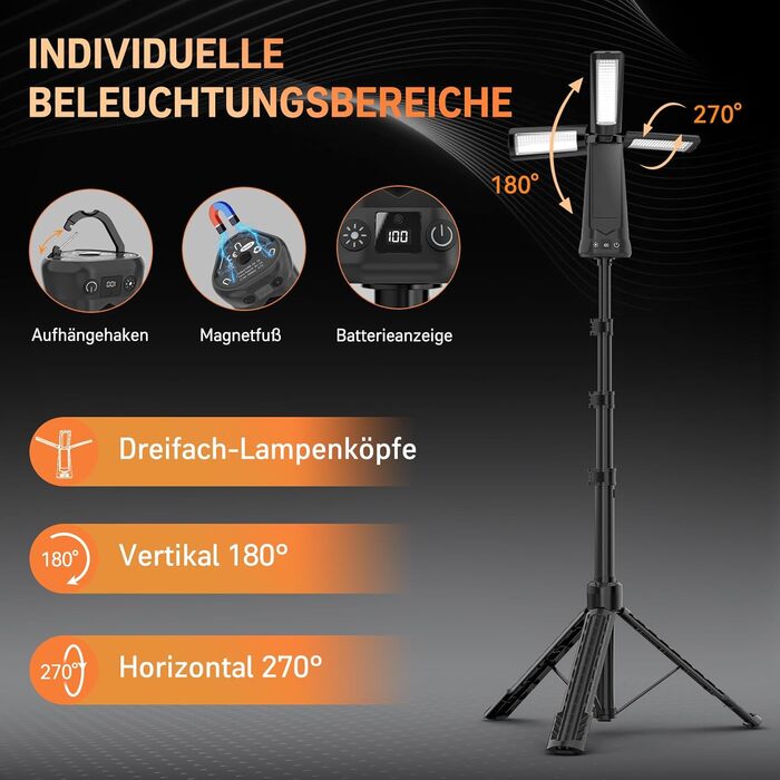 Портативна LED кемпінгова лампа на акумуляторі 15000mAh з телескопічним штативом, 5500LM, IP65, вологостійка, для кемпінгу, подорожей, будівництва та надзвичайних ситуацій (чорна)