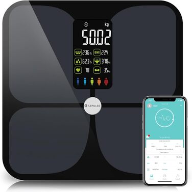 Розумні ваги Lepulse Lescale F4 з аналізом складу тіла, визначенням жиру, м'язової маси, 15 параметрів, великий дисплей, ультраточність, чорні