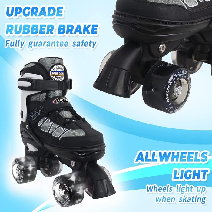 Дитячі ролики Nattork для дівчаток та хлопчиків, регульовані, з підсвічуванням, 4 розміри, для занять в приміщенні та на вулиці (EU 31-34, Чорний)