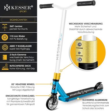 Трюковий самокат KESSER X-Limit-Pro 360° з підніжкою, підшипники ABEC 9, 110 мм PU колеса, для дітей і дорослих, Petrol Blue/White