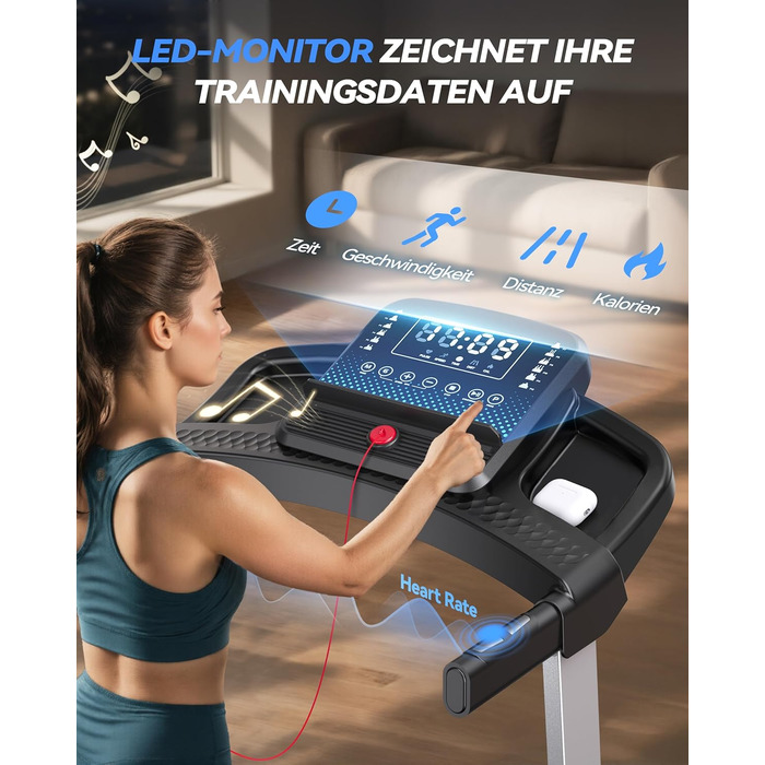 Біговий доріжки для дому Cardirun 3.0PS, 12 км/год, нахил 10%, до 160 кг, LED-дисплей, APP, Bluetooth, тиха, срільно-чорний