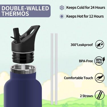 Термофляга 500 мл, нержавіюча сталь, з соломкою, без BPA, подвійна ізоляція, для води, термокружка, витримує газовані напої, темно-синій
