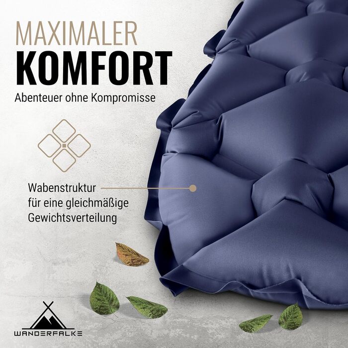 WANDERFALKE® Килимок туристичний надувний 550г - XL (66см) - для кемпінгу, трекінгу, байкпакінгу, Outdoor, блакитний