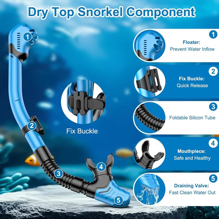 Комплект для снорклінгу для дорослих: маска з антифогом, трубка Dry-Top, скло загартоване. Blau