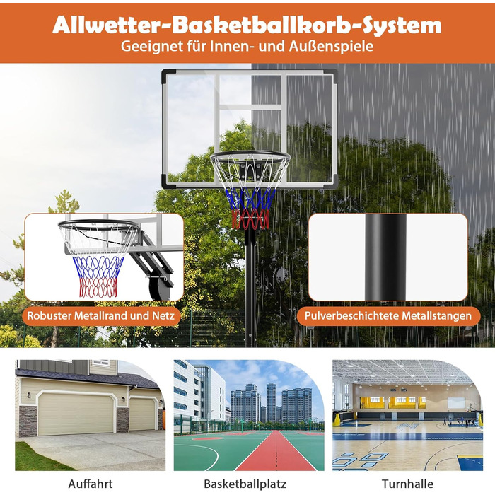 Баскетбольне кільце Gymax вуличне, регульована висота 204-358 см, стійка на колесах, з утяжеленою основою, для підлітків та дорослих 236-305 см