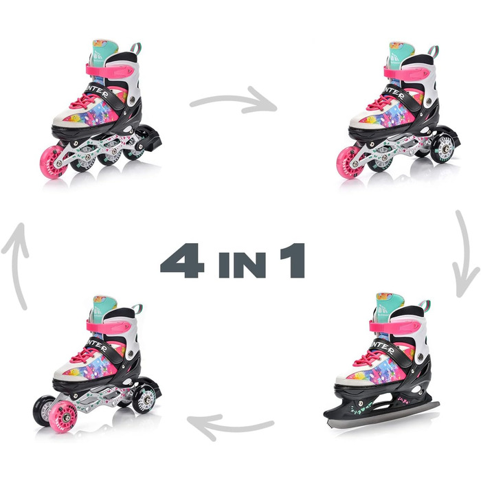 Дитячі ролики 4-в-1 Meteor Verstellbare – ролики, ковзани, інлайни для дітей. ABEC-7, PU-колеса, алюмінієвий каркас, розміри XS-M, багато кольорів