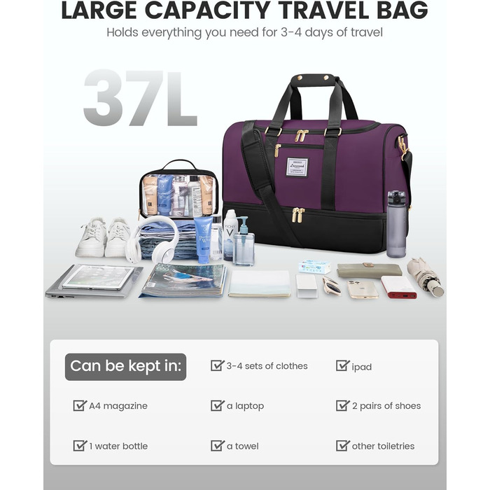 Спортивна сумка LOVEVOOK для подорожей: 37L, з культ. сумкою, відділенням для взуття та мокрих речей. Ідеальна для спортзалу, йоги, подорожей та авіаперельотів. Чорно-фіолетовий колір.