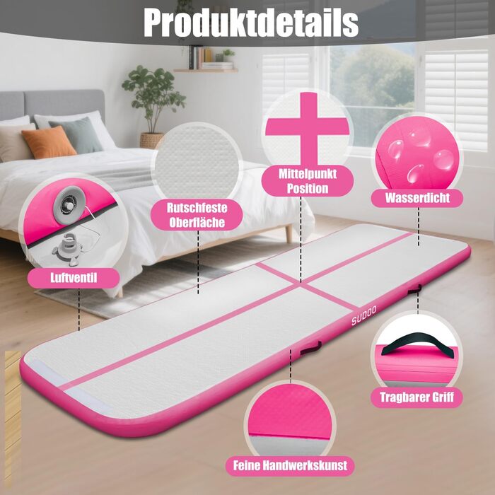 Надувний гімнастичний мат для дому та активного відпочинку 3м/4м/5м, 10см, рожева
