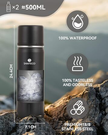 Термос SANTECO Thermoskanne 500 мл / 1 л, нержавіюча сталь, з чашкою, для дітей, спорту, кави, чаю. Ізотермічний, BPA-Free, 24 год холод/12 год гаряче, чорний