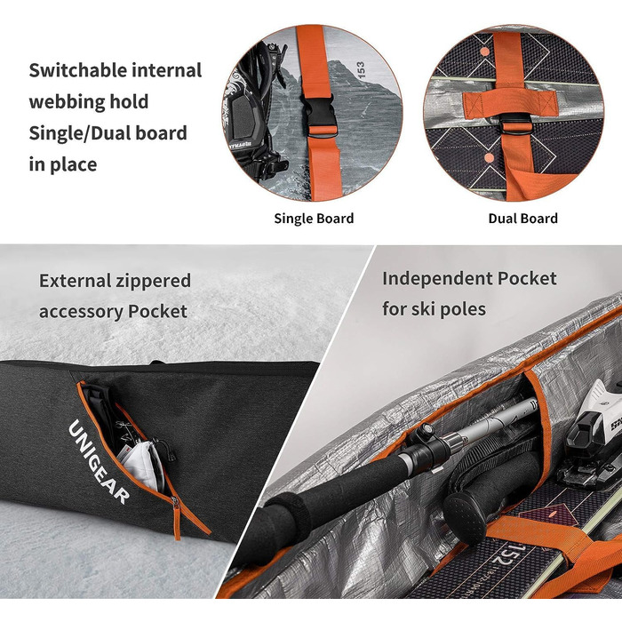 Сумка для лиж і сноуборда Unigear, подвійна підкладка, для 1-2 пар, 165/175 см