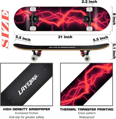 Скейтборд LAYENNE 31x8 дюймів, 7 шарів клену, ABEC-11, для дітей, підлітків та дорослих, для початківців і досвідчених