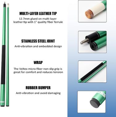 Більярдний кий для дорослих та дітей, Fiberglas-Graphit, 147.3 см, 2 частини, для дому та комерційного використання (матово-зелений, 595 г)