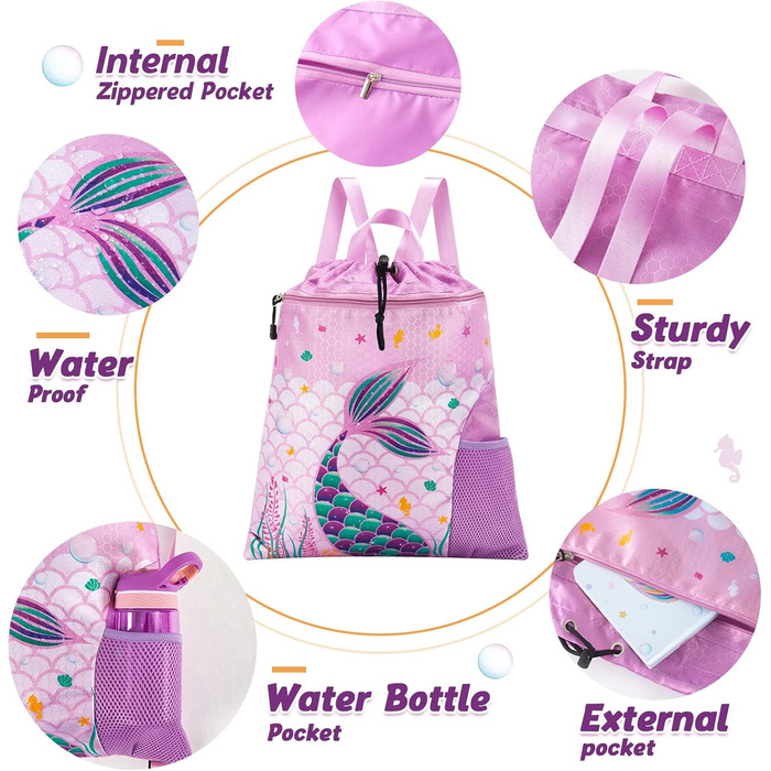 Спортивна сумка для гімнастики WAWSAM з шнурком, 38 × 45 см. Дитяча водонепроникна сумка для плавання, пляжу та покупок, фіолетового кольору