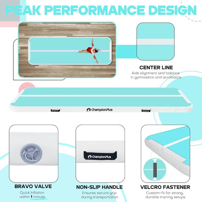 Гімнастичний надувний мат Track 5м з електричним насосом, для йоги, кемпінгу, фітнесу та спорту, двостороння м'ятно-зелена 300x100x10см