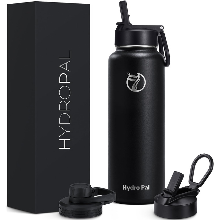 HydroPal Фляга з нержавіючої сталі - 750 мл, 1 л, 1.2 л, 1.9 л, без BPA, для газованої води, ізольована з трубочкою та 2 кришками, чорний колір