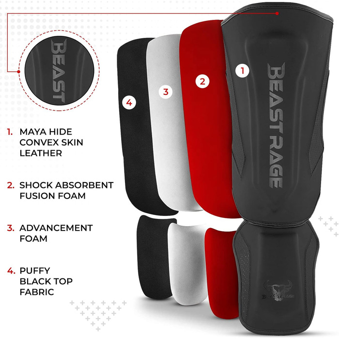 Шкіряні щитки для ніг Beast Rage для кікбоксингу, муай-тай, ММА, боксу, карате, тхеквондо та БЖЖ, з захистом зап'ястя, чорного кольору