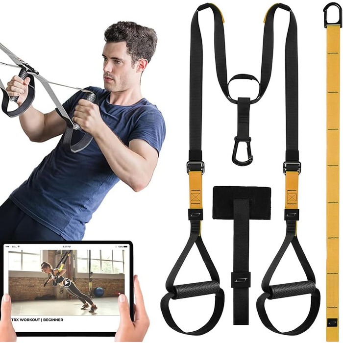 TRX Шлангтренер для домашніх тренувань, TRX стрічки для калістеніки, фітнесу, кросфіту, підходять для віджимань та тренувань з підвішуванням, тренування рук (Жовтий)